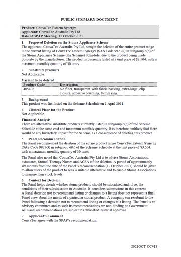 ConvaTec Esteem Synergy – SAS Code 9923G