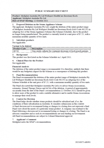 Mediplast Australia Pty Ltd Wellspect Healthcare Ileostomy Koch – SAS Code 9822Y