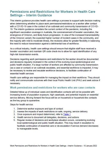 Permissions and Restrictions for Workers in Health Care Settings – Interim Guidance