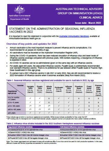ATAGI advice on seasonal influenza vaccines in 2022