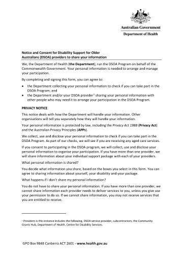 Notice and Consent for Disability Support for Older Australians (DSOA) providers to share your information