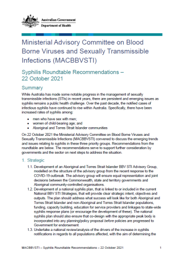 Syphilis roundtable, 22 October 2021 – MACBBVSTI recommendations