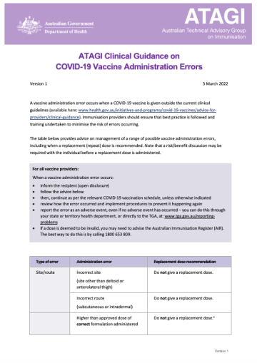 Cover image for ATAGI clinical guidance on COVID-19 vaccine administration errors