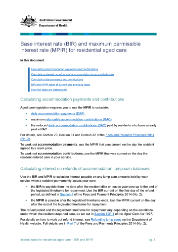 Base interest rate (BIR) and maximum permissible interest rate (MPIR) for residential aged care