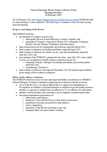 Natural Therapies Review Expert Advisory Panel Meeting Outcomes 10 February 2022