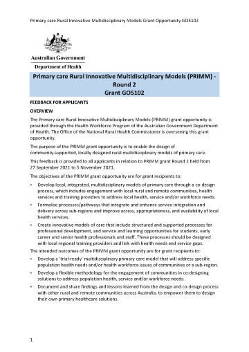 Primary care Rural Innovative Multidisciplinary Models (PRIMM) - Round 2 Grant GO5102 