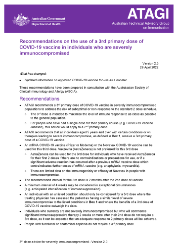 Recommendations on the use of a 3rd primary dose of COVID-19 vaccine in individuals who are severely immunocompromised