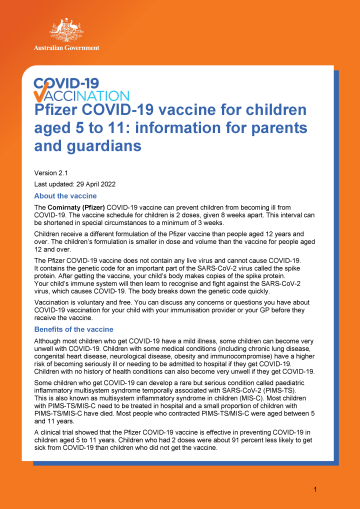 COVID-19 vaccination – Pfizer information and consent form for parents