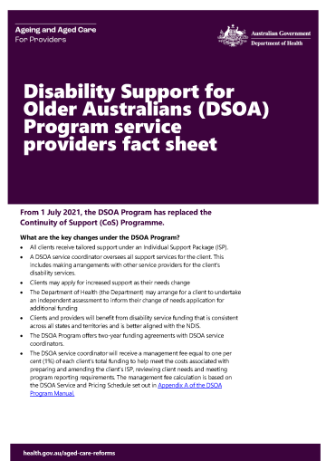 Disability Support for Older Australians (DSOA) Program service providers fact sheet