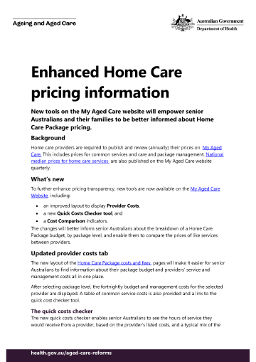 Enhanced Home Care pricing information fact sheet
