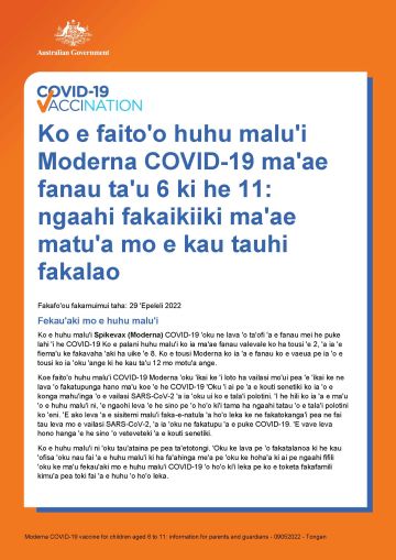 Ko e faito'o huhu malu'i Moderna COVID-19 ma'ae fanau ta'u 6 ki he 11: ngaahi fakaikiiki ma'ae matu'a mo e kau tauhi fakalao
