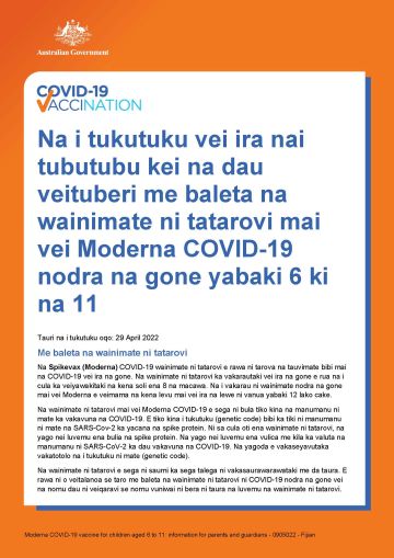 Na i tukutuku vei ira nai tubutubu kei na dau veituberi me baleta na wainimate ni tatarovi mai vei Moderna COVID-19 nodra na gone yabaki 6 ki na 11