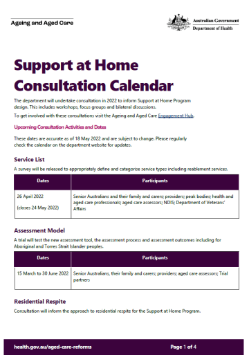 Support at Home consultation calendar
