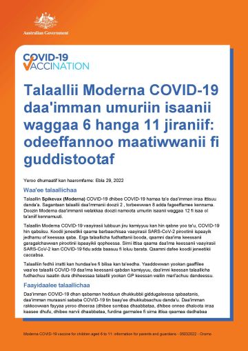 Talaallii Moderna COVID-19 daa'imman umuriin isaanii waggaa 6 hanga 11 jiraniif: odeeffannoo maatiwwanii fi guddistootaf