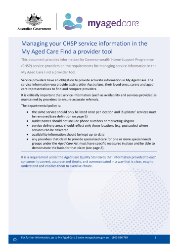 Managing CHSP service information in the My Aged Care ‘Find a Provider’ tool