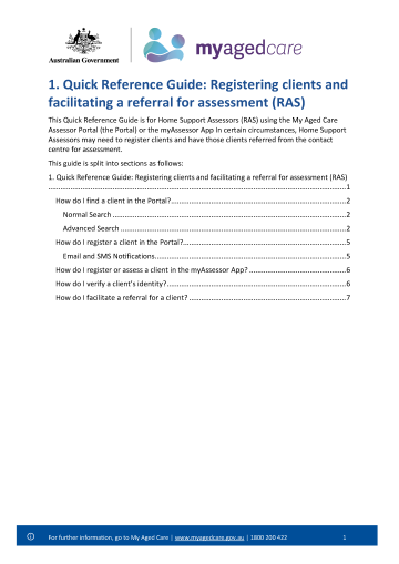 My Aged Care Quick Reference Guide 1 – Registering clients and facilitating referrals for assessment