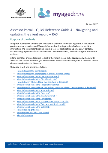 My Aged Care Quick Reference Guide 4 – Navigating and updating the client record (RAS)