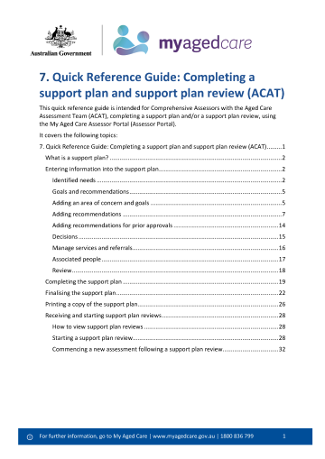 My Aged Care Quick Reference Guide 7 – Completing a support plan and support plan review (ACAT)