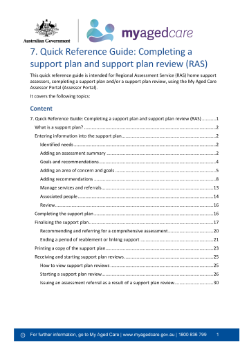 My Aged Care Quick Reference Guide 7 – Completing a Support Plan and Support Plan Review (RAS)