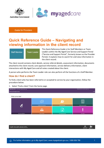 My Aged Care Quick Reference Guide – Navigating and viewing information in the client record