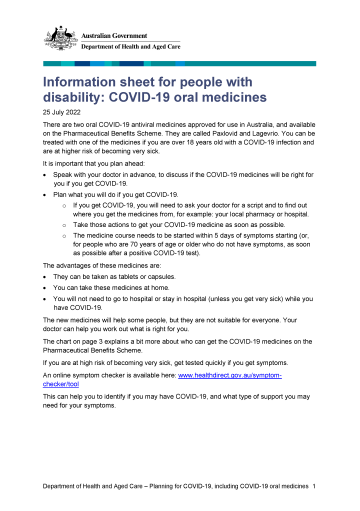 Cover image for the Information sheet for people with disability – COVID-19 oral medicines
