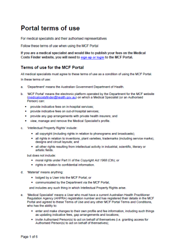 Medical Costs Finder Portal terms and conditions