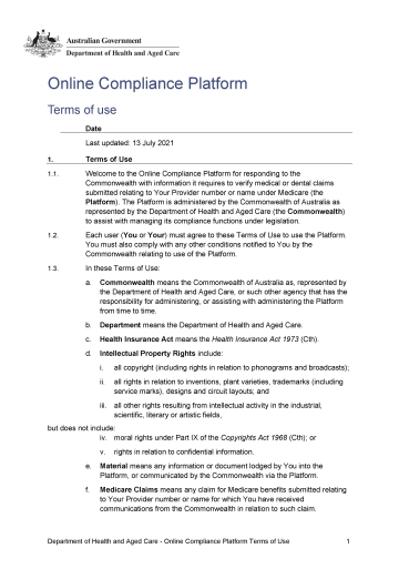 Cover page from Online compliance platform – Terms of use (July 2022)