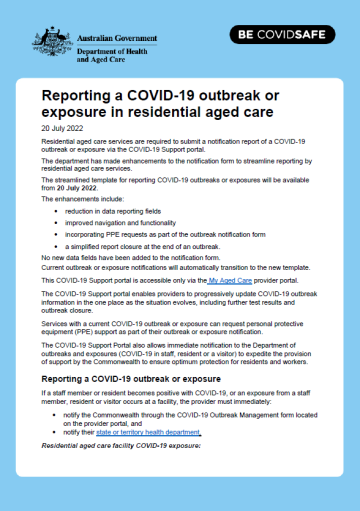 Support Portal for providers’ reporting a COVID-19 outbreak or exposure in residential aged care