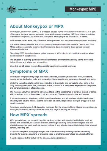 Cover page for the About Monkeypox or MPX fact sheet