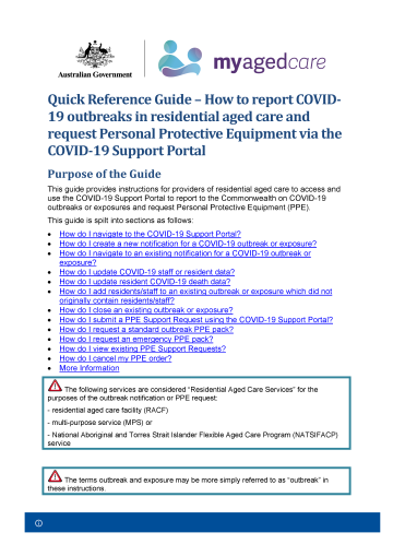 Quick Reference Guide – How to report COVID-19 outbreaks in residential aged care and request Personal Protective Equipment via the COVID-19 Support Portal