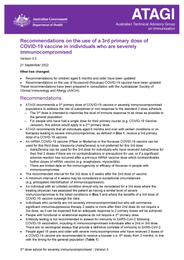 Recommendations on the use of a 3rd primary dose of COVID-19 vaccine in individuals who are severely immunocompromised cover