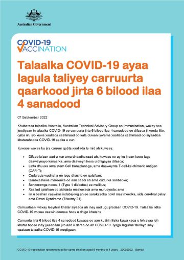 Talaalka COVID-19 ayaa lagula taliyey carruurta qaarkood jira 6 bilood ilaa 4 sanadood