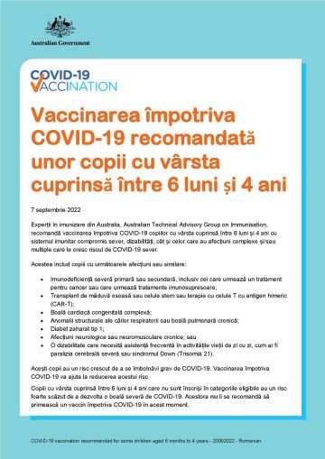 Vaccinarea împotriva COVID-19 recomandată unor copii cu vârsta cuprinsă între 6 luni și 4 ani