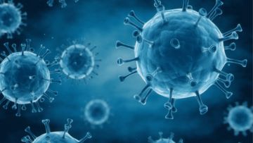 Microscope image of the HIV virus on blue background