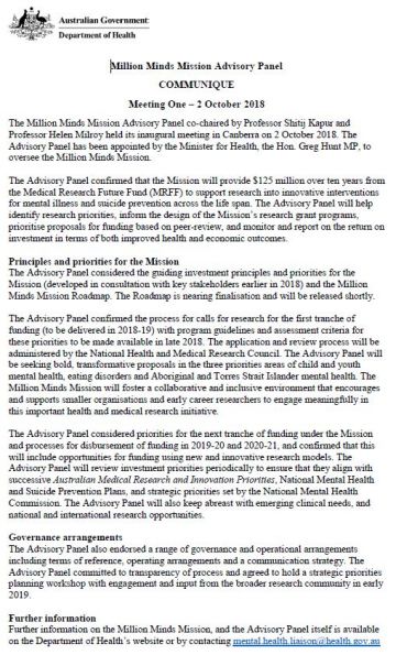 Million Minds Mission Advisory Panel Communique (2 October 2018)
