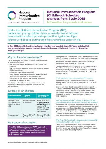 Image of a fact sheet providing information for consumers about changes to the National Immunisation Program childhood schedule