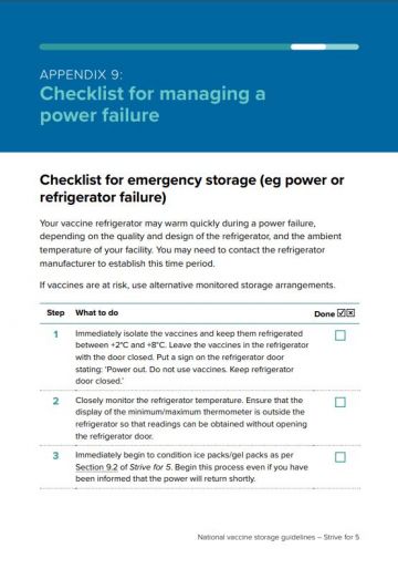 National Vaccine Storage Guidelines - ‘Strive for 5’ - Appendix 9 - Checklist for managing a power failure
