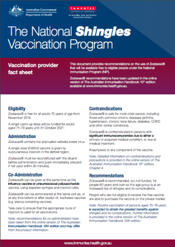 National Shingles Vaccination Program - Zostavax® fact sheet for vaccination providers