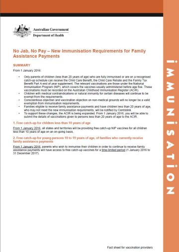 No Jab No Pay new requirements fact sheet - Cover