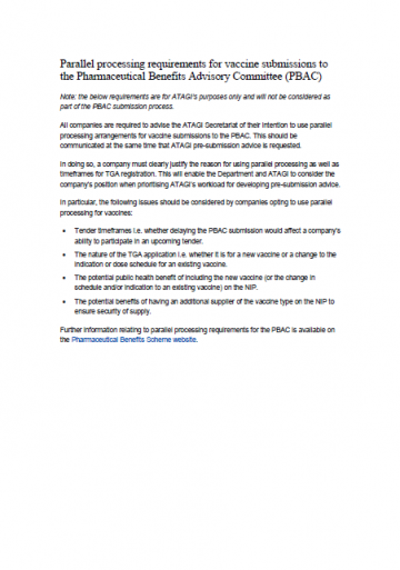 Cover of ATAGI parallel processing requirements for PBAC vaccine submissions
