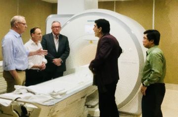 Prime Minister Morrison, Minister Greg Hunt, NSW Health Minister Brad Hazzard, Dr James Nol, and Patrick Wong from Mt Druitt Hospital at Mt Druitt’s Medicare eligible MRI machine.