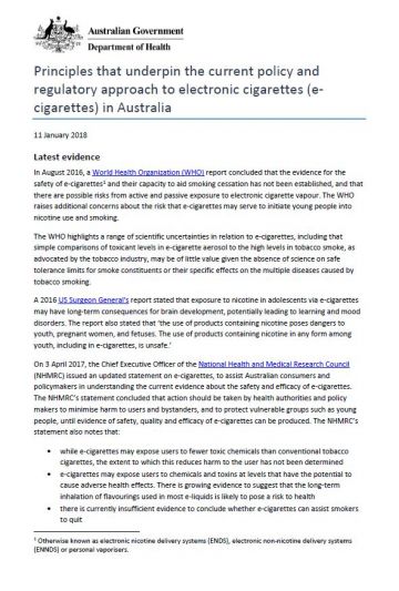 Cover image of the Principles that underpin the current policy and regulatory approach to electronic cigarettes (e-cigarettes) in Australia fact sheet