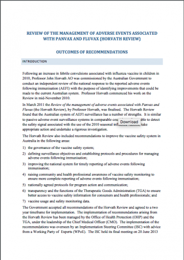 Review of the management of adverse events associated with Panvax and Fluvax - outcomes of recommendations