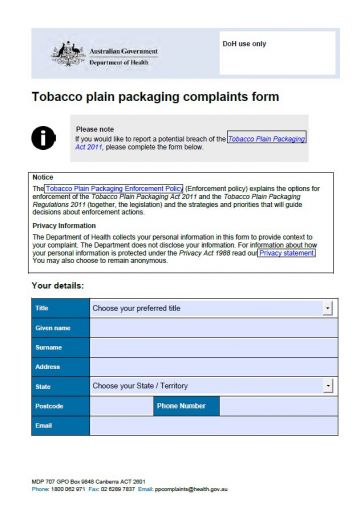 Cover image for Tobacco plain packaging complaints form