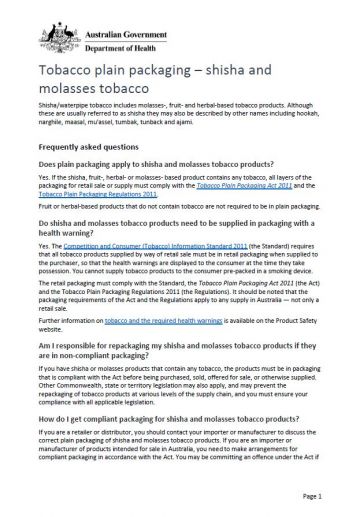 Cover image for Tobacco plain packaging – shisha and molasses tobacco fact sheet