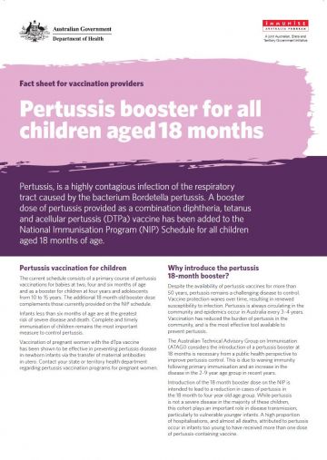 Pertussis booster fact sheet for children aged 18 months - Cover