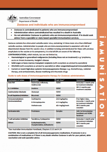 Cover of Zostavax vaccine and immunocompromised individuals fact sheet