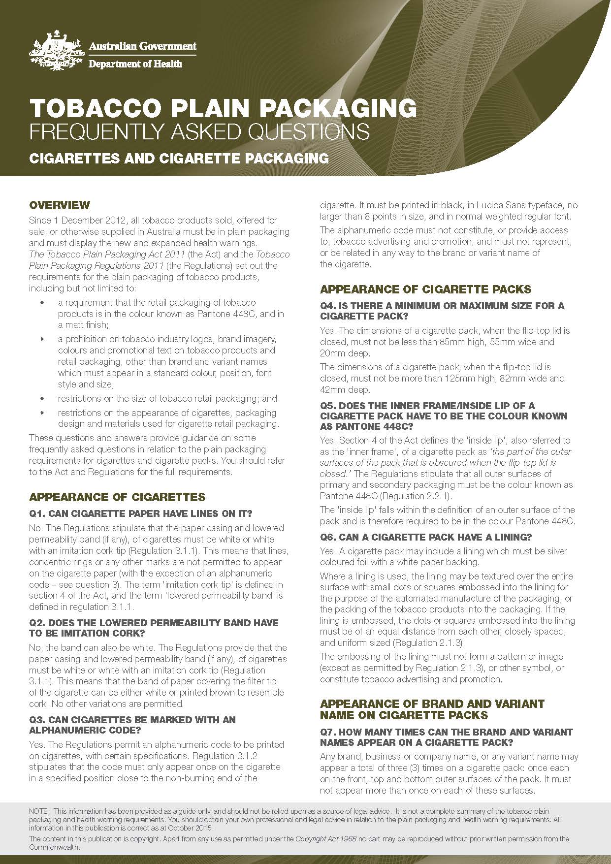 Cover image for plain packaging of cigarettes fact sheet