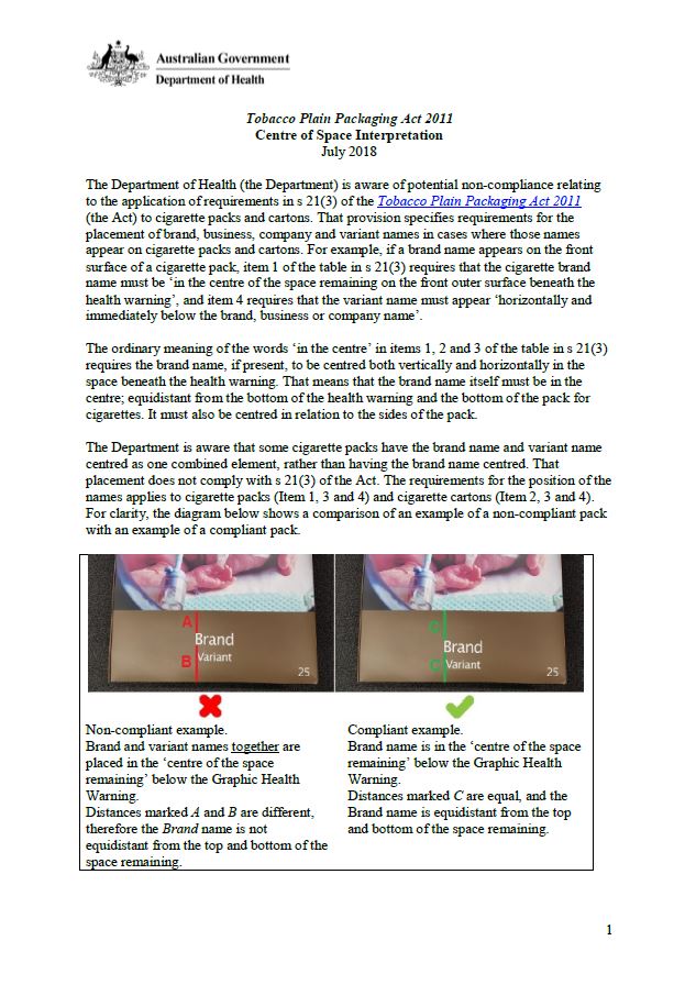 Cover image for Tobacco plain packaging – placement of brand names