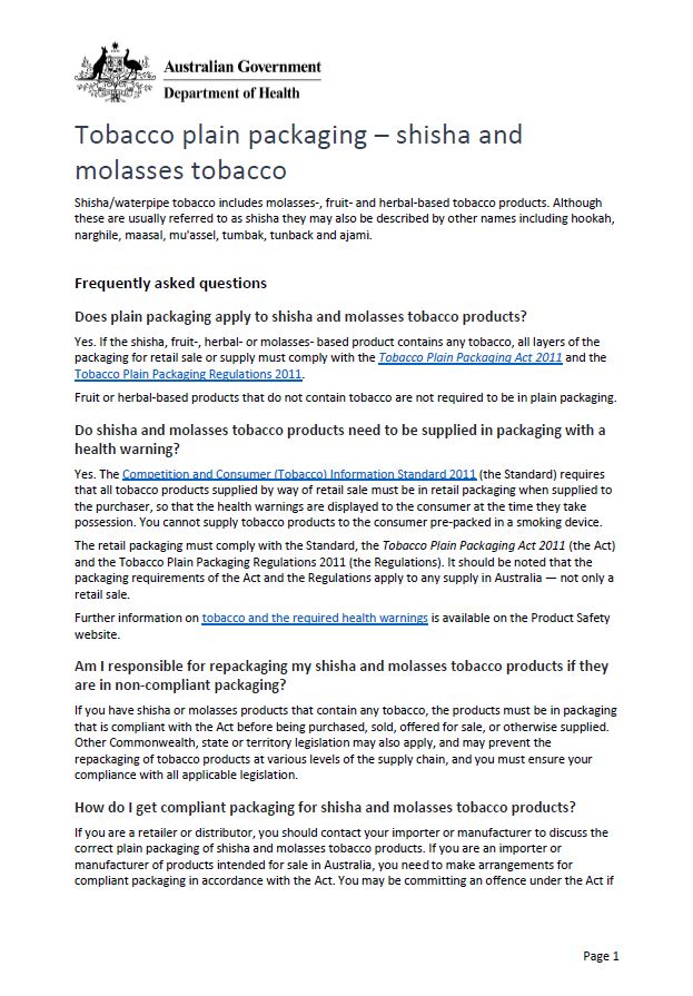 Cover image for Tobacco plain packaging – shisha and molasses tobacco fact sheet